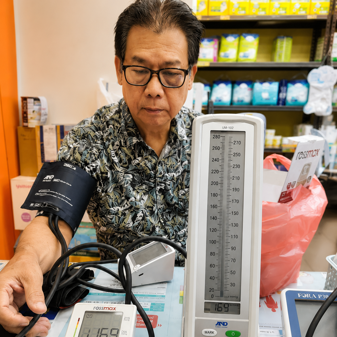 Customer at Alpro Pharmacy after a blood pressure device accuracy check