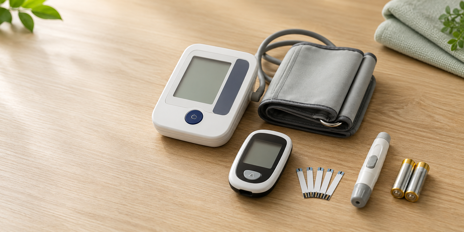 Blood pressure monitor, glucometer, test strips, lancet device, and batteries arranged on a pharmacy counter