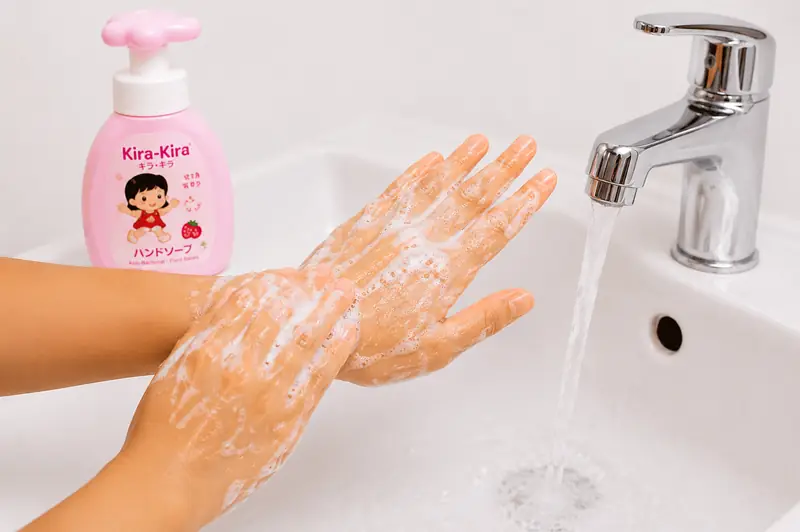 Rubbing the back of the hands with soap.