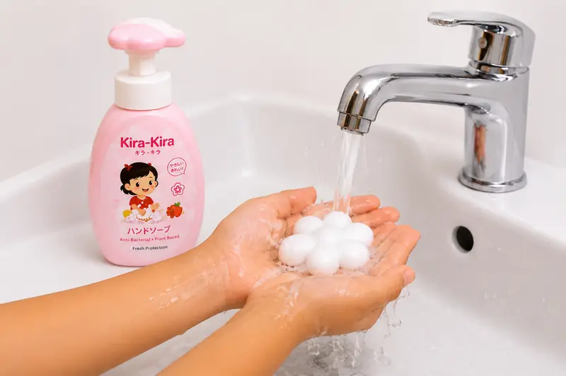 Hands being wet under running water before applying soap.