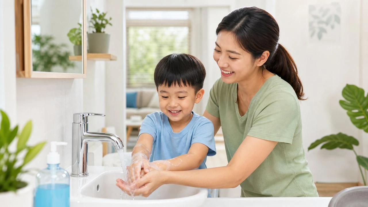 Parent helping a child wash hands at home.