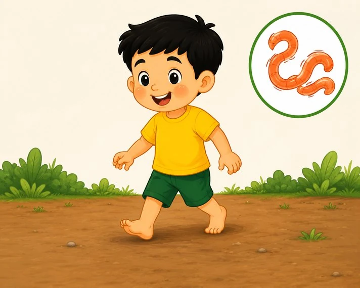 Child walking barefoot on soil.