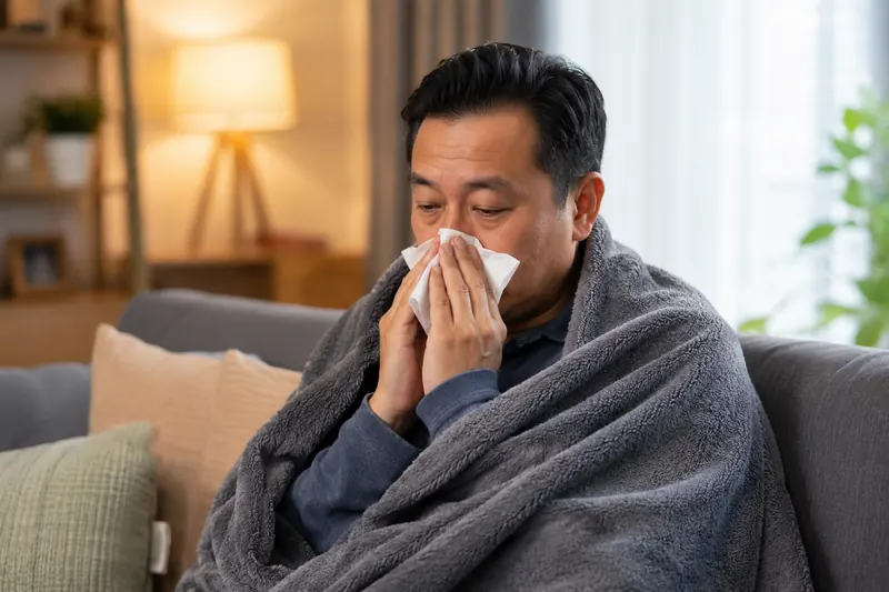 Adult experiencing flu symptoms at home
